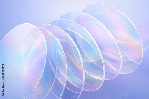 Abstract background with iridescent translucent circles and soft light gradients, creating a futuristic and ethereal layered effect