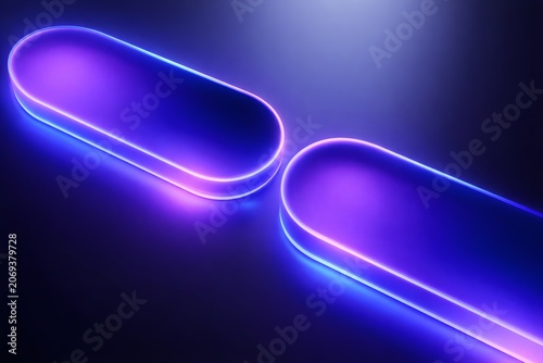 Abstract 3d render of two glowing neon pillshaped platforms with purple and blue gradient lighting on a dark background