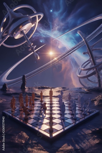 Futuristic Space Scene with Planetary Rings and Bright Galaxy