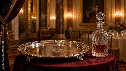 A silver salver and crystal decanter on a velvet table in a banquet hall.