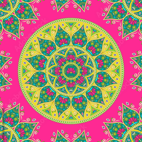 Cuadro en lienzo Colorful floral mandala ornament with intricate geometric details on vibrant pink background