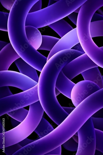 Abstract 3d background with purple flowing tubes and spheres, dynamic composition of intertwined smooth shapes, modern digital art wallpaper
