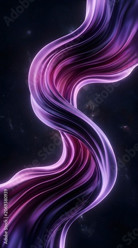 Abstract flowing purple silk fabric wave on a dark cosmic space background with stars and nebula