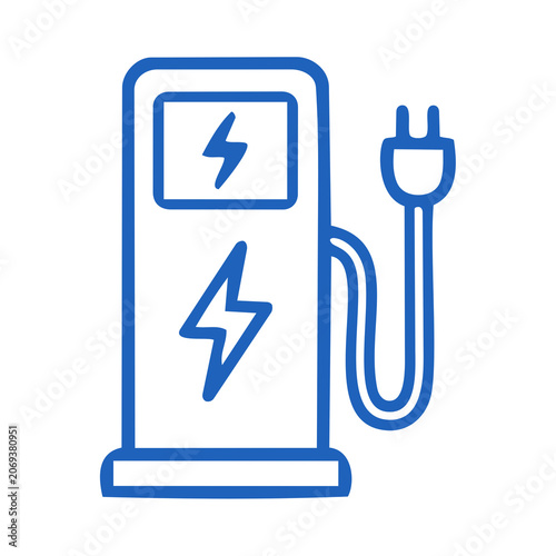 Blue outline icon of electric vehicle charging station with plug transparent background