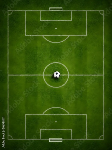 Top view of a professional soccer field with a ball placed in the center circle, green grass texture, stadium markings, and goal posts