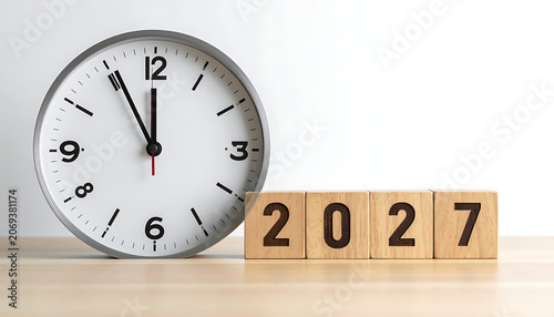 Wall clock showing close to midnight next to wooden cubes displaying the year 2027, representing upcoming new year and time passing