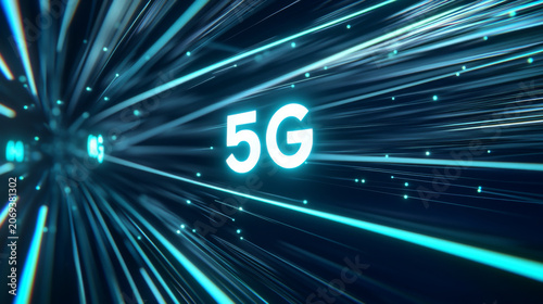 5G technology concept with glowing symbols and network connections, digital background