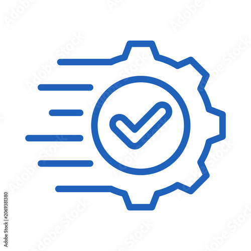 Fast moving blue gear icon with a central check mark symbol transparent background