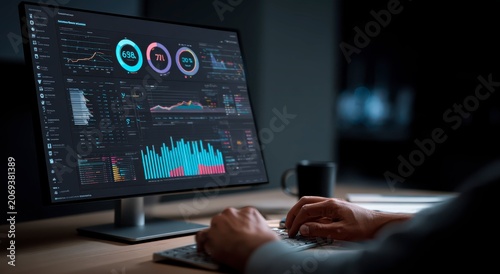 a person working on a computer with a large monitor displaying various graphs and charts in a dark r