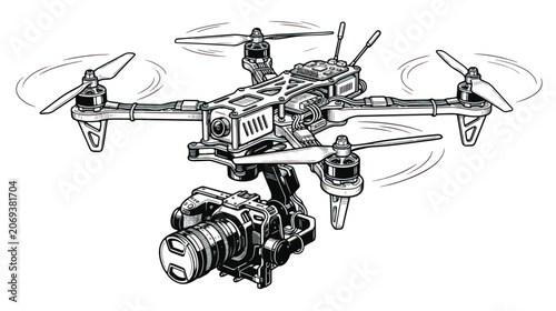 Tableau sur toile Professional quadcopter drone with digital camera, black and white line art vect
