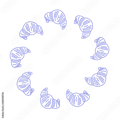 Foto Cute round frame with hand drawn buttery croissants in simple doodle style isolated on white background