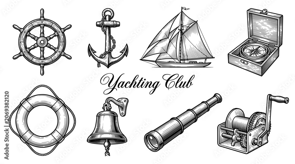 Obraz premium Vintage Yachting Club Nautical Vector Illustration Set with Engraved Style Marine Elements Like Anchor, Sailboat, Compass, and Ship's Wheel for Design Projects.