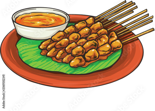 ndonesian Chicken Satay with Peanut Sauce Vector Illustration on Traditional Plate