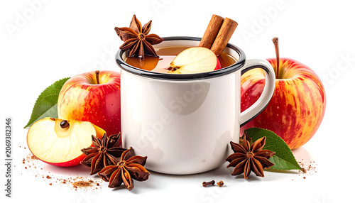 Warm mug of spiced apple cider with cinnamon sticks, star anise, fresh apple slices, and whole apples, autumn beverage, cozy fall drink