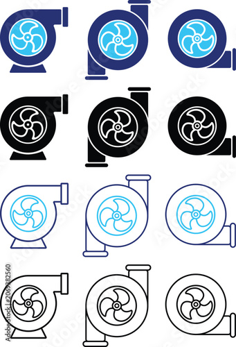 Water pump water motor Multi Style Icon. Technical line art illustration of an industrial water pump connected to an electric motor.  Mechanical engineering, plumbing systems
