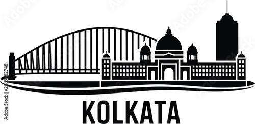 Kolkata skyline silhouette with iconic landmarks including a large bridge and diverse architectural styles