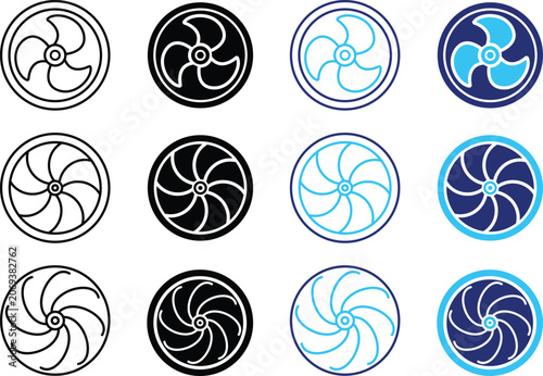 A collection of various fan blade designs. Variety of diverse industrial and residential ventilation fan with various blade styles and mechanical designs for modern cooling systems. Water pump design.
