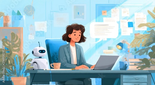 a woman sitting at a desk with a robot and laptop computer in a modern office setting with plants an