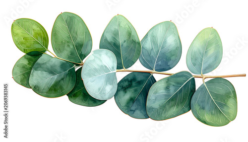 Watercolor eucalyptus branch with delicate leaves and small white dots, isolated on white for natural design elements