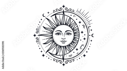 Obraz na płótnie Celestial sun and moon vector illustration, mystical crescent moon with face and