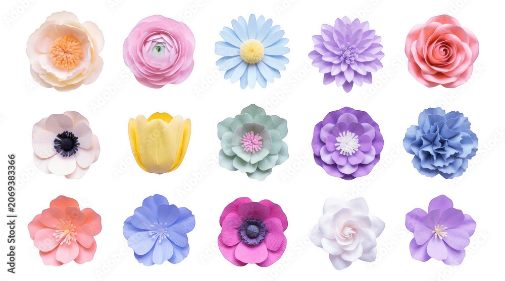 Naklejka premium Collection of colorful paper flowers on transparent background