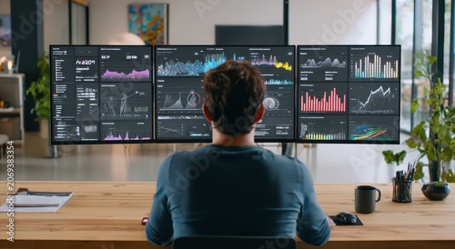man sitting at desk in front of large computer screens with graphs and charts in modern office envir