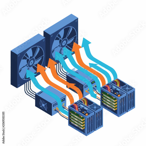 Fotografie Computer Server Cooling System with Fans and Airflow Arrows.