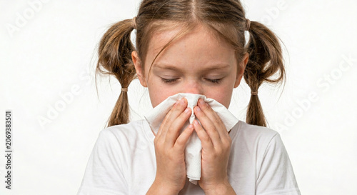 Portrait of a sick little girl blowing her nose into a paper tissue suffering from catarrh and cold symptoms