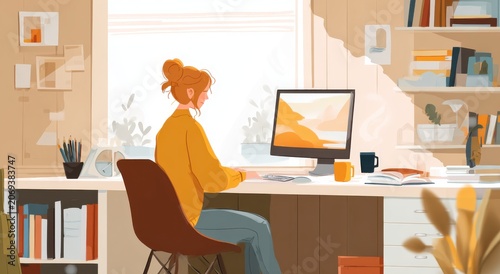 a woman sits at a desk in front of a computer monitor and window in a well lit room with shelves and