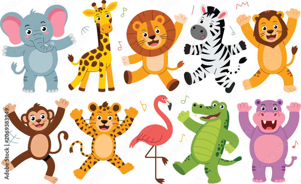 Obraz premium Set of friendly cartoon zoo animals characters with wildlife character collection illustration elephant flamingo crocodile hippopotamus isolated background childish adorable cheerful