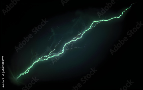 Glowing electric green lightning bolt in dark stormy night sky