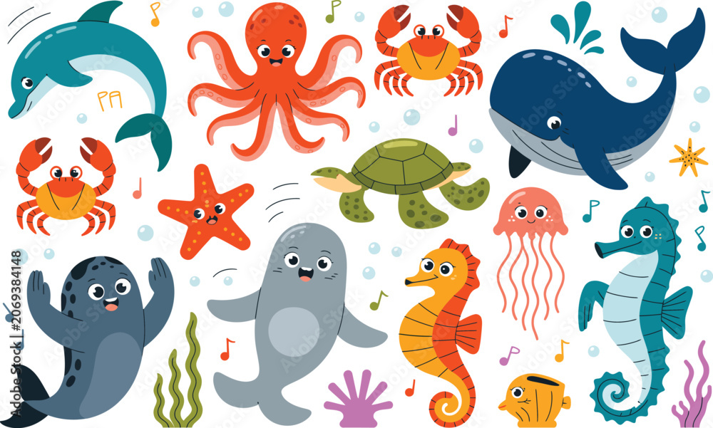 Fototapeta premium Collection of cute cartoon sea animals and ocean creatures with creature underwater illustration starfish jellyfish seahorse collection character wildlife isolated background colorful