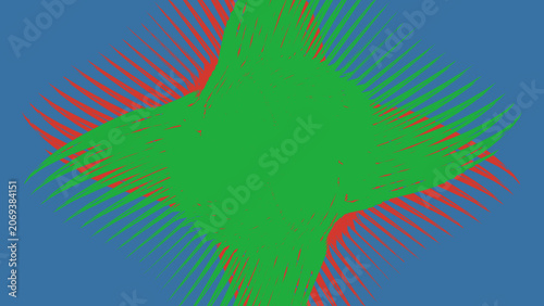 Abstract green starburst, vibrant red accents, blue background, geometric shapes, modern design element