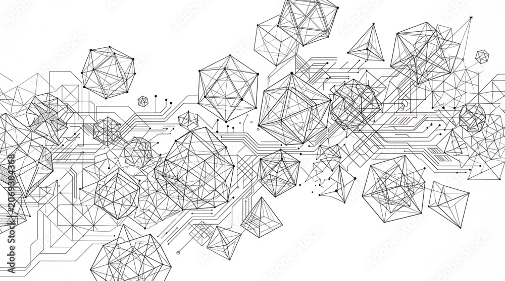Fototapeta premium Abstract geometric background with wireframe polyhedrons and circuit board lines