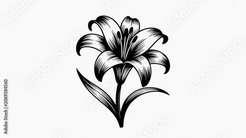 A black and white line art illustration of a lily flower