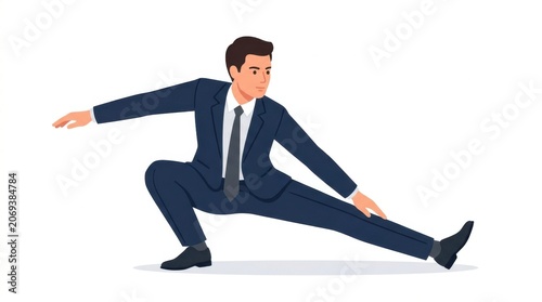 Businessman stretching leg while kneeling in suit and tie isolated on white background