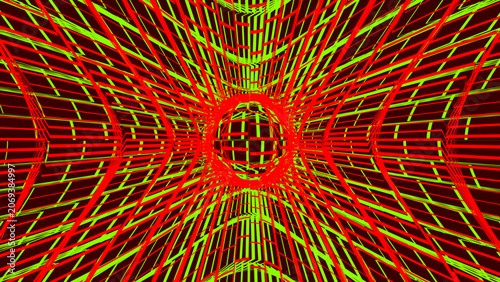 Neon geometric pattern, abstract background, red and green lines, futuristic design, vector graphic