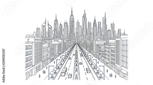 Fotografi City street leading to a dense skyline of towering skyscrapers