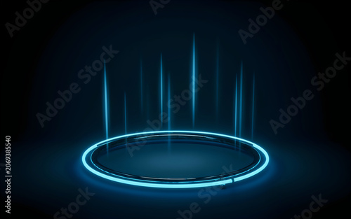Futuristic glowing blue portal or gateway with vertical light beams on a dark background