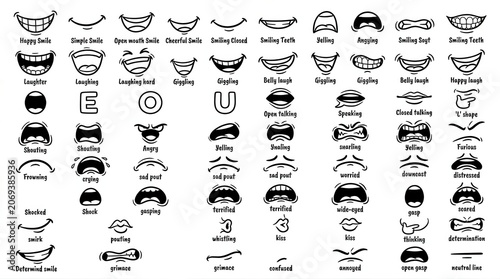 Set of 84 different facial expression and mouth shapes vector icons isolated on white background