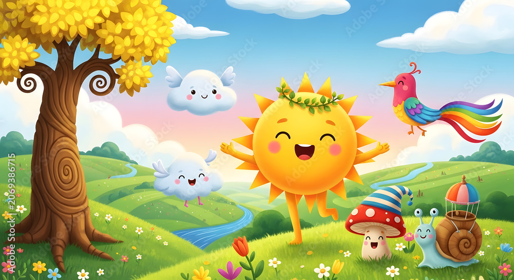 Obraz premium Happy sun character in a colorful pixel art landscape