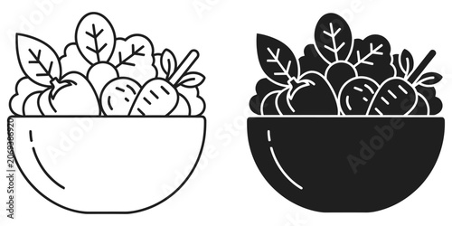 Cuadro en lienzo Bowl of Fresh Salad, Line Art: Two stylized bowls overflowing with vibrant fresh salad ingredients, presented in both outline and solid black variations