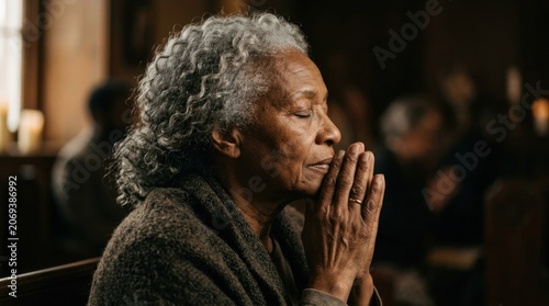 Elderly Black Woman Praying with Eyes Closed in Church.