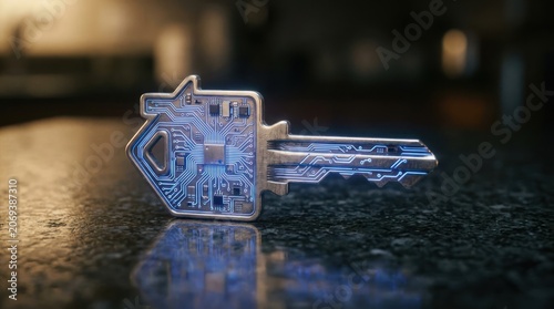 Futuristic Key with Integrated Circuitry Symbolizing Digital Security and Innovation.