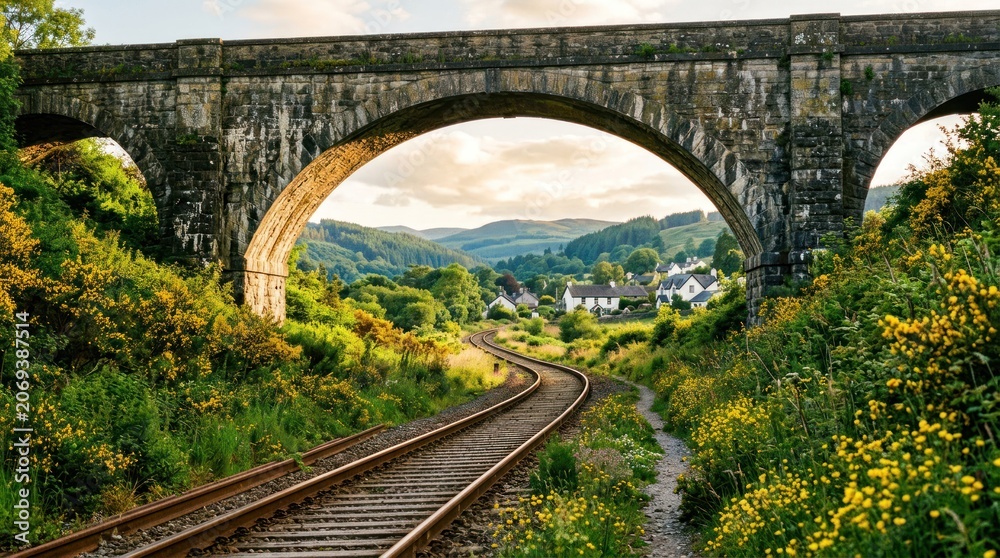 Fototapeta premium Historic Stone Railway Bridge Arching Over Tracks in Lush Green Valley.