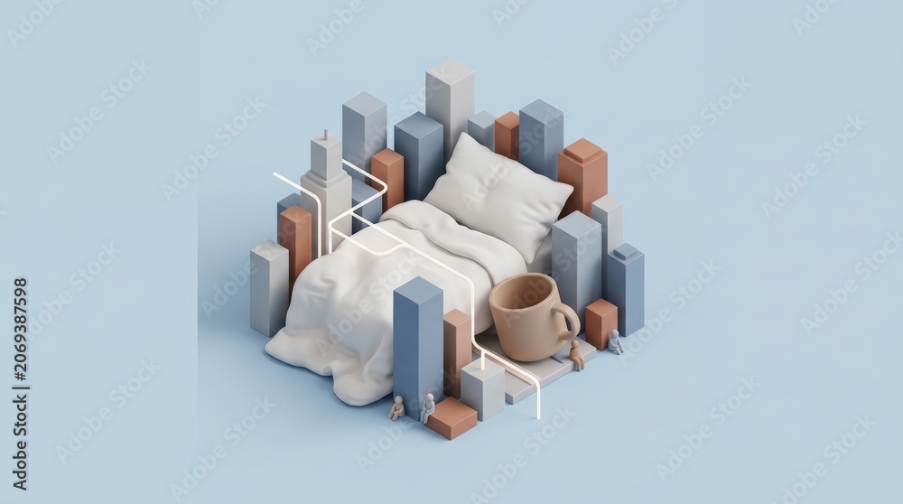 Fototapeta premium Minimal abstract cityscape with bed and coffee cup
