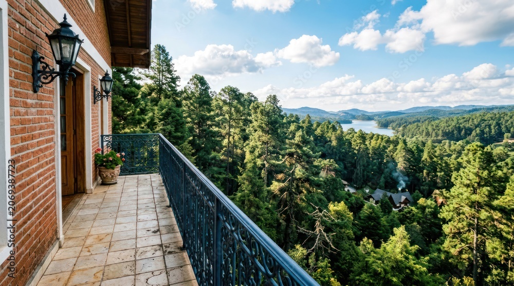 Obraz premium Luxury Balcony Overlooking Serene Forest and Lake Landscape.