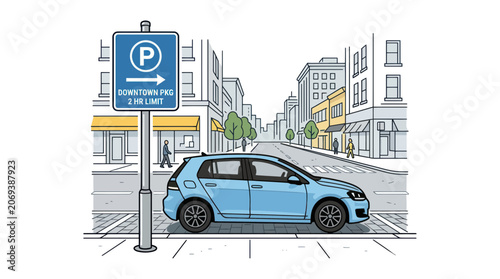 Blue hatchback car parked on an urban street near a parking sign