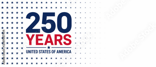 USA 250 years independence anniversary sale banner with navy stars, red text, United States of America message, white copy space, patriotic background for advertising, promotion, social media