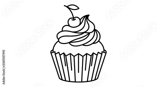 Simple line art cupcake with cherry and frosting, isolated on white background